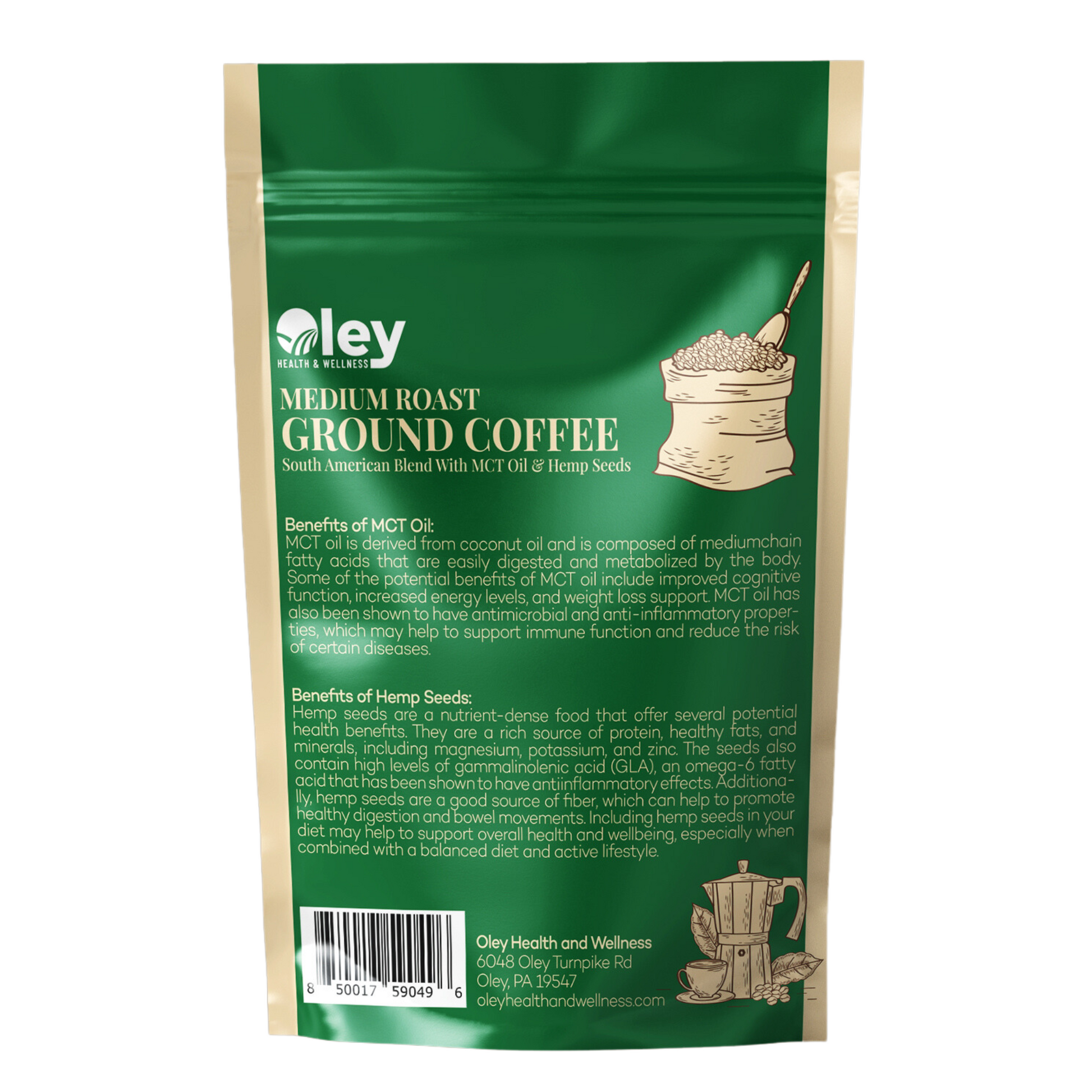 Low-Acidity Medium Roast Coffee with MCT Oil and Hemp Seeds - Oley Health and Wellness